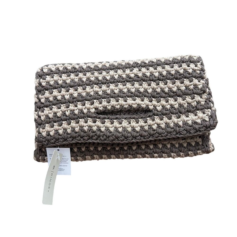Binge Knitting Crochet Handbag Brown Cream Striped Cutout Handle Woven Tote Bag